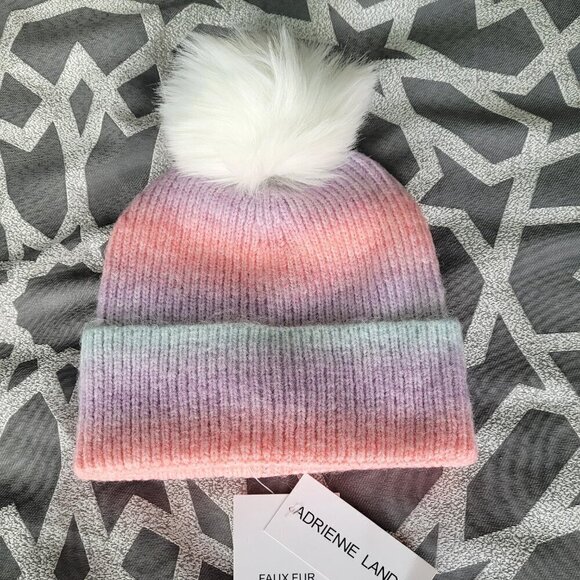 Adrienne Landau Wool Rainbow Purple Pink Faux Fur Pom-Pom Warm Beanie - Picture 3 of 4